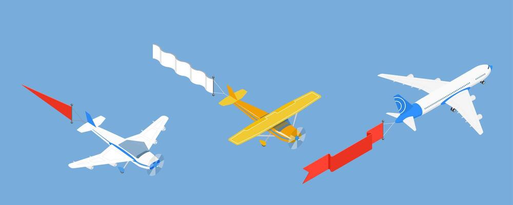 3D Isometric Flat Set of Aircrafts In Sky With Banners, Flying Advertising