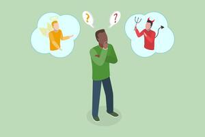 3D Isometric Flat Conceptual Illustration of Right Or Wrong Decision, Shoulder Devil and Angel vector