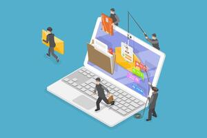 3D Isometric Flat Conceptual Illustration of Cyber Burglars, Hackers Aattacking Computer vector