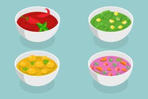 3D Isometric Flat Set of Soup Bowls, Different Types vector