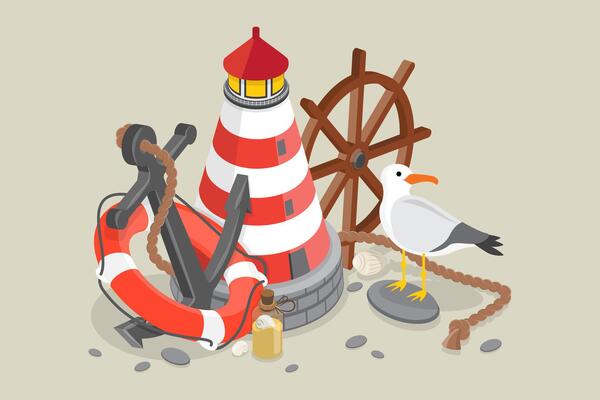 3D Isometric Flat Conceptual Illustration of Marine Life, Seafaring Elements