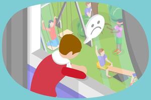 3D Isometric Flat Conceptual Illustration of Staying At Home, Alone Sad Little Boy Sitting at the Window vector