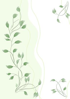 Watercolor background with green twigs and leaves on a light background.