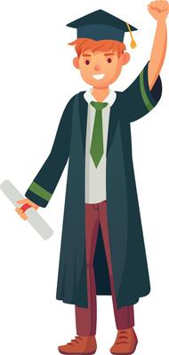 Young graduate student wearing academic dress, joyfully raising fist and proudly holding diploma, celebrating graduation after years of dedicated study and hard work