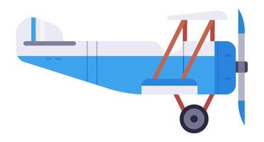 Colorful biplane soaring through a bright blue sky, showcasing a striking blue fuselage, pristine white wings, and a charming wooden frame connecting the upper and lower wings vector
