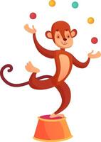 Cartoon monkey juggling vibrant, colorful balls while balancing skillfully on one leg atop a small pedestal, captivating audiences with a delightful circus performance vector