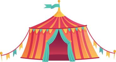 Brightly striped circus tent with open entrance, decorated with colorful flags, creates a festive atmosphere, inviting visitors to enter and experience the magic of the show vector