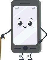 Funny illustration of an old smartphone walking like an elderly person using a cane and trembling legs, representing the concept of obsolescence and technological aging vector