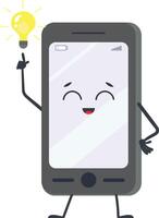Cartoon smartphone featuring a cheerful face, happily pointing at a glowing light bulb symbolizing a brilliant idea, all set against a clean white background vector