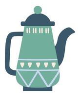 Green teapot with blue lid, handle and decorations, isolated on a white background, representing scandinavian design, perfect for tea lovers vector