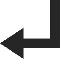 Simple black arrow pointing left and down, creating an L shape against a clean white background. Symbolizing direction, return, or previous options in navigation and design vector