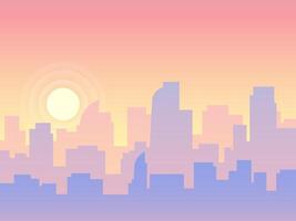 Urban skyline with skyscrapers and office buildings at sunrise, creating a colorful and modern cityscape with a beautiful gradient from pink to violet vector