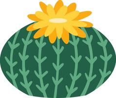 Round green parodia cactus with vertical stripes and thorns topped with a large yellow flower with long petals creating a beautiful contrast vector