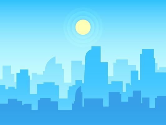 Minimalist illustration featuring a vibrant blue city skyline, showcasing towering skyscrapers under a bright sun in a clear, sunny sky, creating a modern urban landscape