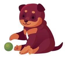 Adorable rottweiler puppy sitting and gently touching a small green ball, radiating joy during playtime with a cheerful expression, embodying the essence of youthful innocence and fun vector