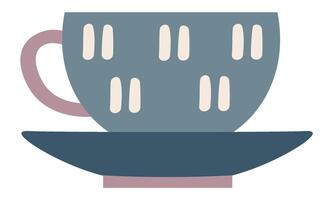 Stylish grey teacup with a pink handle sits gracefully on a matching saucer, showcasing a minimalist design with subtle white vertical dashes, perfect for a modern aesthetic vector