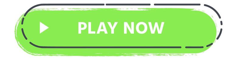 Green rounded rectangle featuring a white play symbol and play now text set against a light green brush stroke background with a double rounded border vector