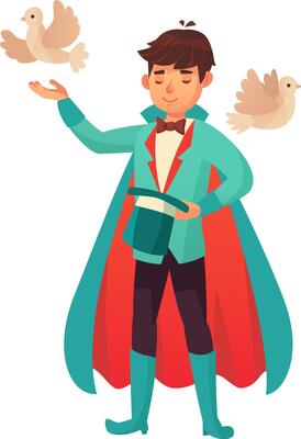 Young illusionist wearing a turquoise suit with red cape and bow tie, holding a top hat and making doves appear from his hands, performing a magic show