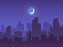Stylized cityscape silhouette with skyscrapers and office buildings under a big crescent moon at night, creating a peaceful and quiet urban atmosphere vector