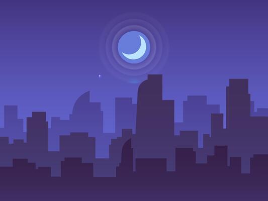 Stylized cityscape silhouette with skyscrapers and office buildings under a big crescent moon at night, creating a peaceful and quiet urban atmosphere