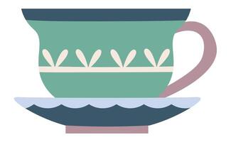 Green teacup with floral decorations standing on saucer, isolated on white background, simple flat design, perfect for breakfast, tea time, and cozy moments vector