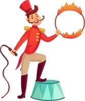 Cheerful ringmaster with mustache wearing red jacket and top hat holding a flaming hoop and whip, standing on a small circus pedestal, presenting a show vector