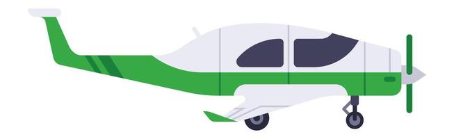 Green and white light aircraft sitting on the ground, side view, showcasing modern design in a flat illustration isolated on a white background vector