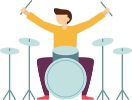 Enthusiastic drummer sitting with legs spread while passionately playing drums, arms raised high with drumsticks, captured in a vibrant and colorful illustration vector