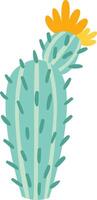 Turquoise cactus featuring vertical stripes and sharp thorns, blooming vibrantly with a large yellow flower atop, set against a clean white background vector