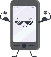 Cartoon smartphone showing muscles and wearing sunglasses, funny and cool mobile phone character flexing biceps, modern communication technology and power concept vector