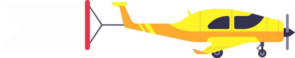 Side view of a yellow and orange light aircraft flying with a v tail, featuring two dark tinted windows, a propeller, landing gear and orange stripes on the tail and wings vector