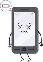 Anthropomorphic smartphone with arms and legs displaying an empty battery notification, featuring dead eyes and a worried expression, conveying frustration and concern over low power vector