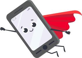Cartoon smartphone with arms and legs wearing a red cape and flying like a superhero, funny and cute character for technology and communication concepts vector