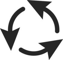 Three thick black arrows are rotating clockwise in a continuous circular motion, forming a dynamic cycle, symbolizing a repeating process or workflow vector