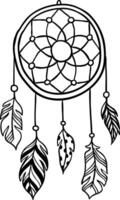 Hand drawn dreamcatcher with beads and feathers hanging, protecting a sleeping person from bad dreams and nightmares, ensuring a peaceful night's sleep vector