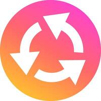 Three white arrows rotating clockwise forming a continuous cycle on a circular gradient background from pink to orange, symbolizing a repeating process vector
