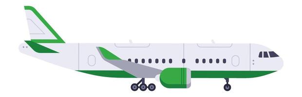 Green and white passenger airplane standing on the ground, preparing for takeoff or landing, showcasing a modern flat illustration from a side view perspective vector