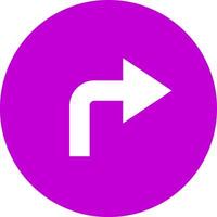 White arrow curving right on a vibrant purple circular background, serving as a simple graphic design element that symbolizes direction and guidance for navigation and progress vector