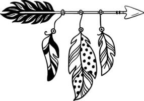 Hand drawn illustration featuring an intricately designed arrow embellished with three hanging feathers, embodying a boho aesthetic with its chic and tribal patterns vector