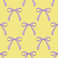 Seamless purple bows pattern on yellow background. Violet ribbon with repeat design wallpaper. vector