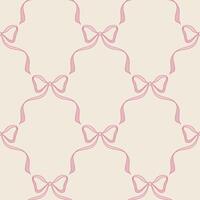 Seamless pattern with pink bows on beige background. Vintage ribbon wallpaper with repeat design. vector