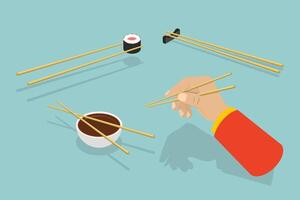 3D Isometric Flat Conceptual Illustration of How To Use Chopsticks, Oriental Cuisine. vector