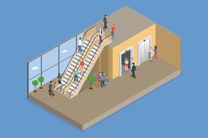 3D Isometric Flat Conceptual Illustration of Escalator And Elevator, Carrying People Between Floors of a Building vector