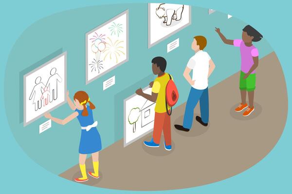 3D Isometric Flat Conceptual Illustration of Children Drawings Exhibition, Art Projects for Kids