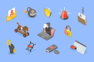 3D Isometric Flat Set of Hacker Icons, Cyber Crime vector