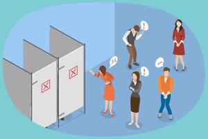3D Isometric Flat Conceptual Illustration of Public Restroom, Queue to Toilet vector