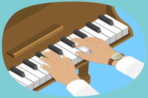 3D Isometric Flat Conceptual Illustration of Piano Player, Music Keyboard with Hands vector