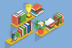 3D Isometric Flat Set of Bookshelves , Stacks Books vector