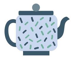 Light blue teapot with dark lid and handle featuring green and dark sprinkles, isolated on a white background, representing teatime, hot drinks, and cozy moments vector