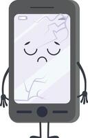 Sad smartphone featuring a broken screen and low battery, displaying a cartoon face with arms down, isolated against a clean white background, conveying feelings of frustration and disappointment vector